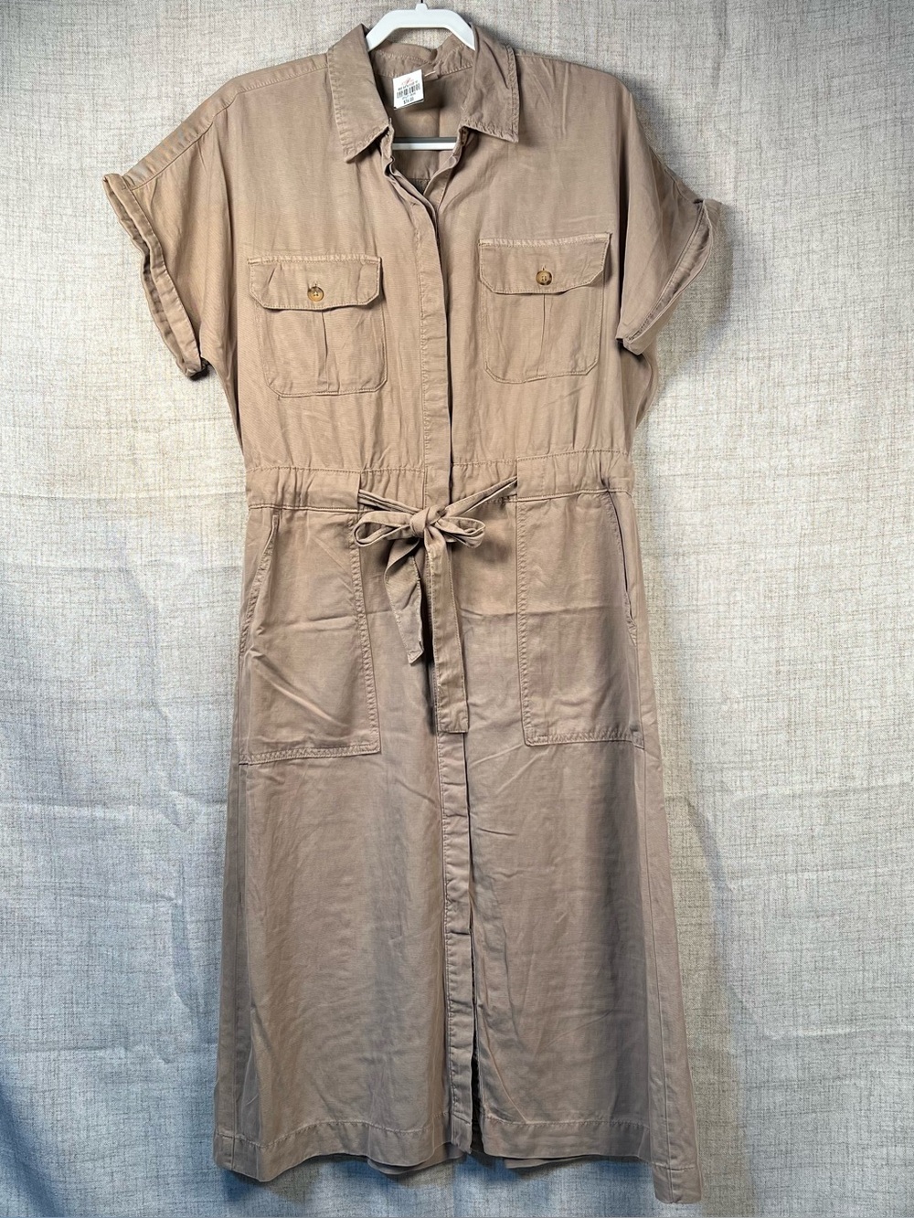 ana Dress Tan Khaki NWT Button Front Collar Tie Waist Short Sleeves women's Med